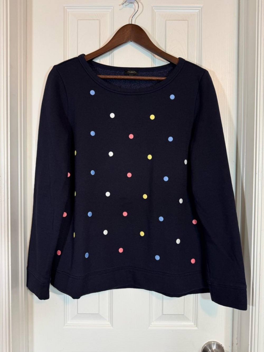 Talbots Navy Blue Multicolor Embroidered Polka Dot Crewneck Sweatshirt Size M
